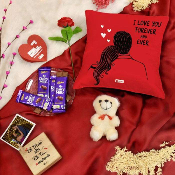 Love You Forever Printed Cushion, Photo Stand, Card, Rose, Cute Teddy, and Cadbury Chocolates - Gifts for Love