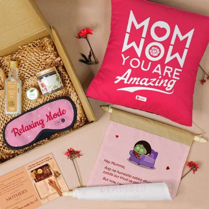 Customised Mom's Care Kit: Eye Mask, Scroll, Cushion, Organic Coconut Oil, Lip Balm, Coffee Scrub, Personalized Card For Mother's Day