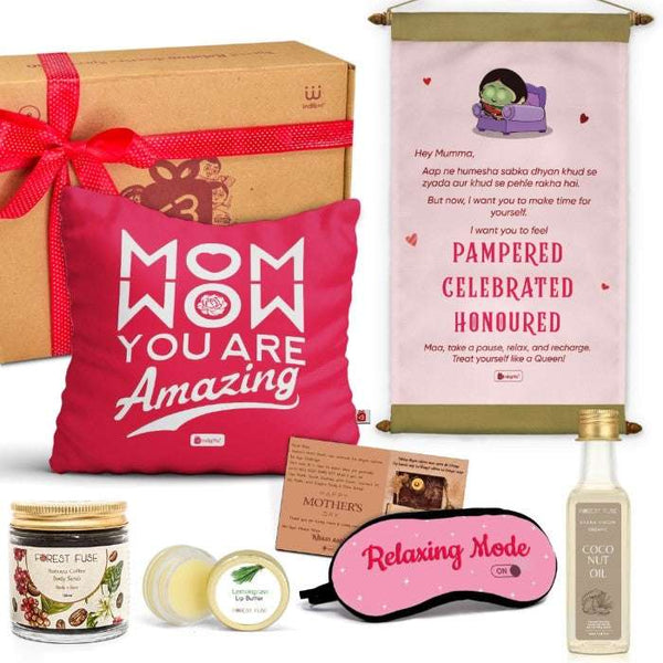 Customised Mom's Care Kit: Eye Mask, Scroll, Cushion, Organic Coconut Oil, Lip Balm, Coffee Scrub, Personalized Card For Mother's Day