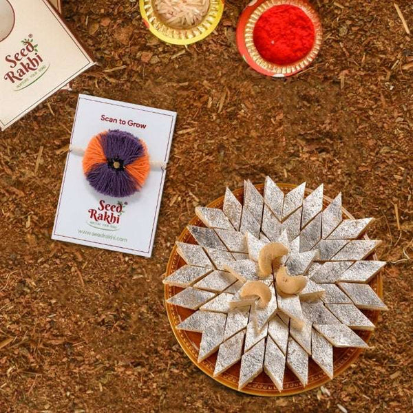 Jodhpuri Seed Rakhi Gift Hamper With Kaju Katli Mini Bites 125 gm