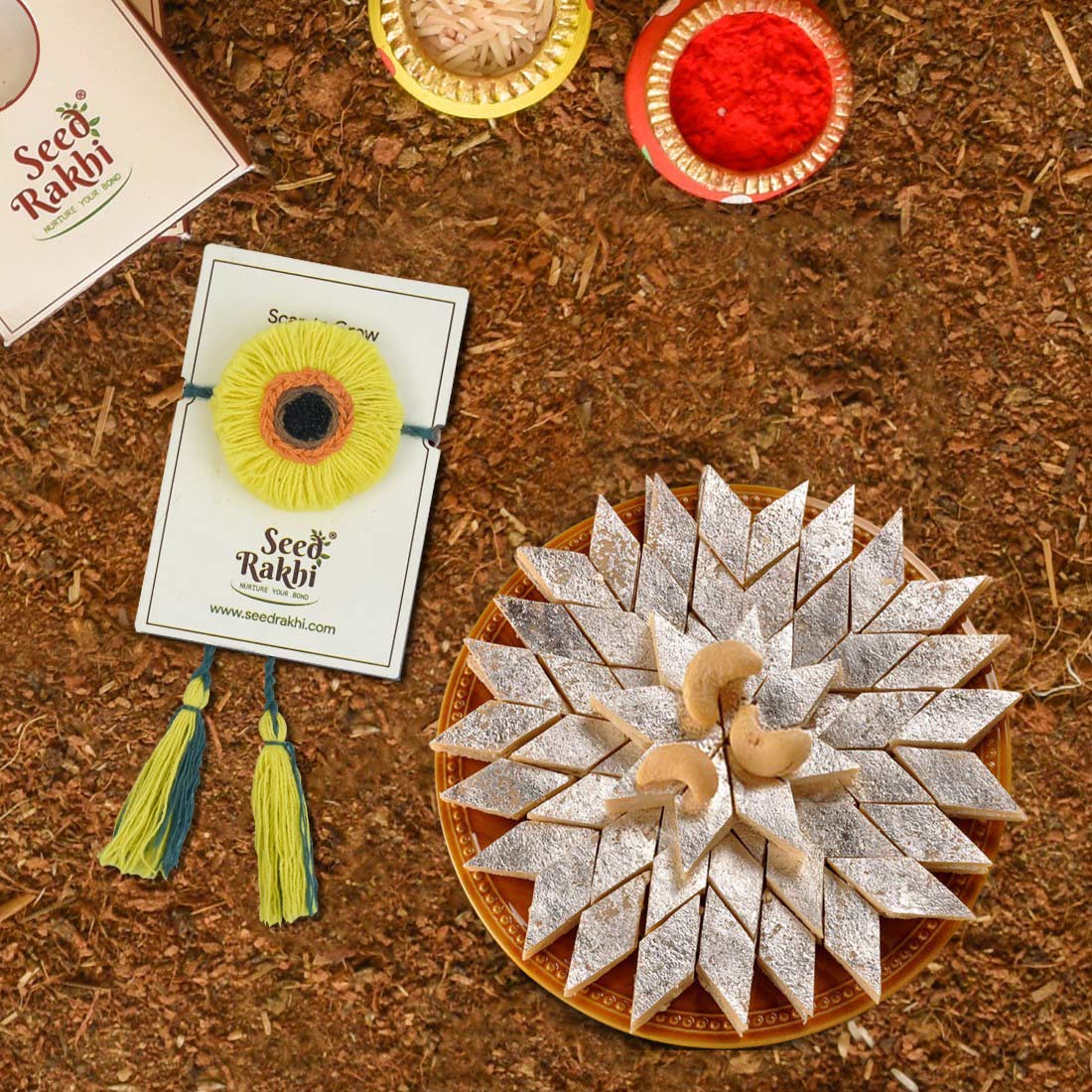 Amaranthus &amp; Purslane Seed Rakhi Gift Hamper With Kaju Katli Mini Bites 125 gm