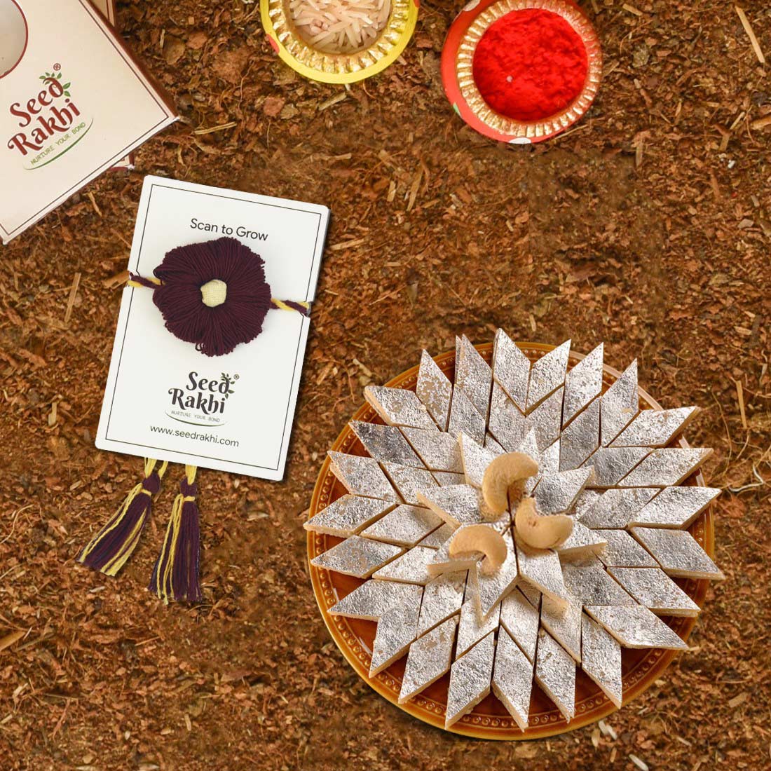 Bhindi Seed Rakhi Gift Hamper With Kaju Katli Mini Bites 125 gm