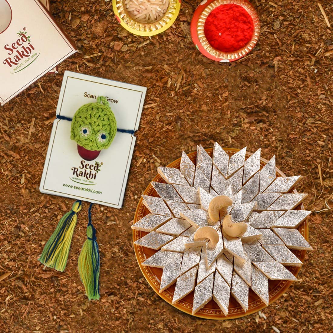 Sword Beans Seed Rakhi Gift Hamper With Kaju Katli Mini Bites 125 gm