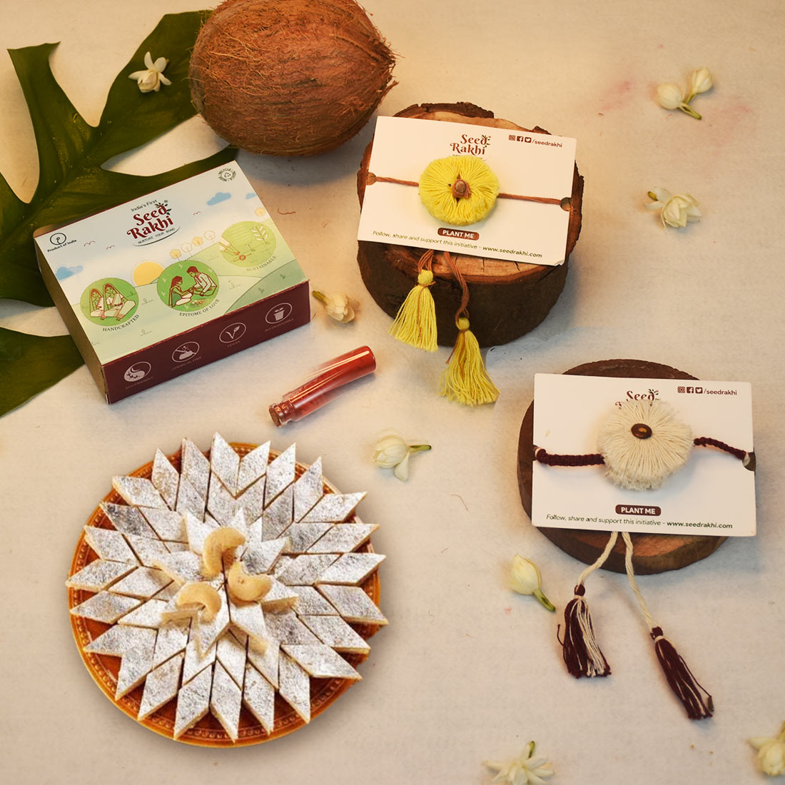 Sun and Dhavala Seed Rakhi Gift Hamper With Kaju Katli Mini Bites 125 gm