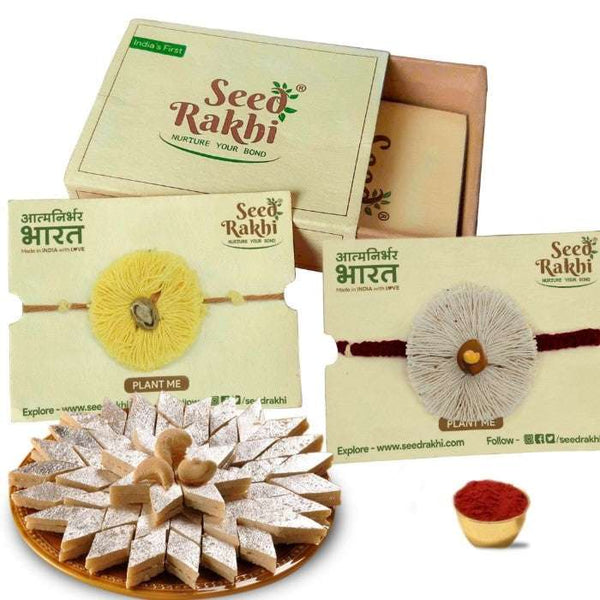 Sun and Dhavala Seed Rakhi Gift Hamper With Kaju Katli Mini Bites 125 gm
