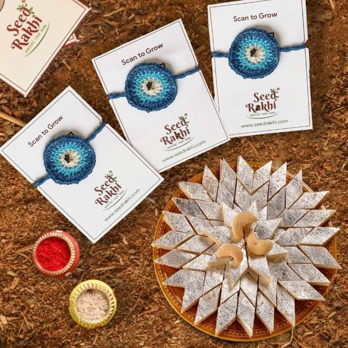 Neel Nazar Battu Eco-friendly Seed Rakhi Set of 3 With Kaju Katli Mini Bites 125 gm