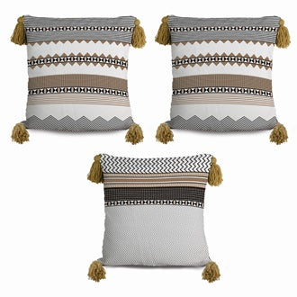 Beige Abstract Printed Decorative Cushion Cover Set of 3 with Tassels