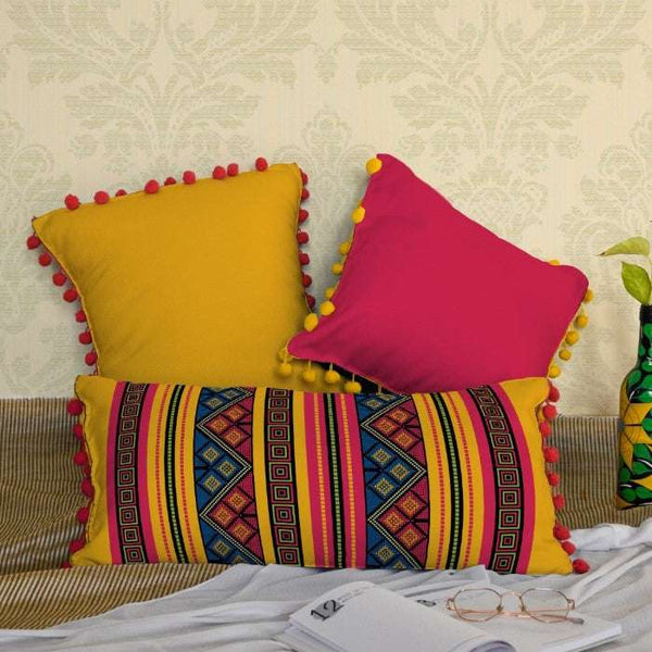 Pink &amp; Yellow Abstract Printed Decorative Cushion Cover Set with Pom-Pom