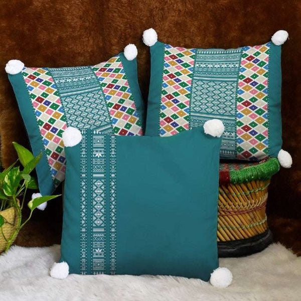 Blue Abstract Printed Decorative Cushion Cover Set with Pom-Pom