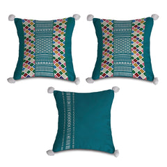 Blue Abstract Printed Decorative Cushion Cover Set with Pom-Pom