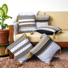 Beige Abstract Printed Decorative Cushion Cover Set of 5 with Pom-Pom