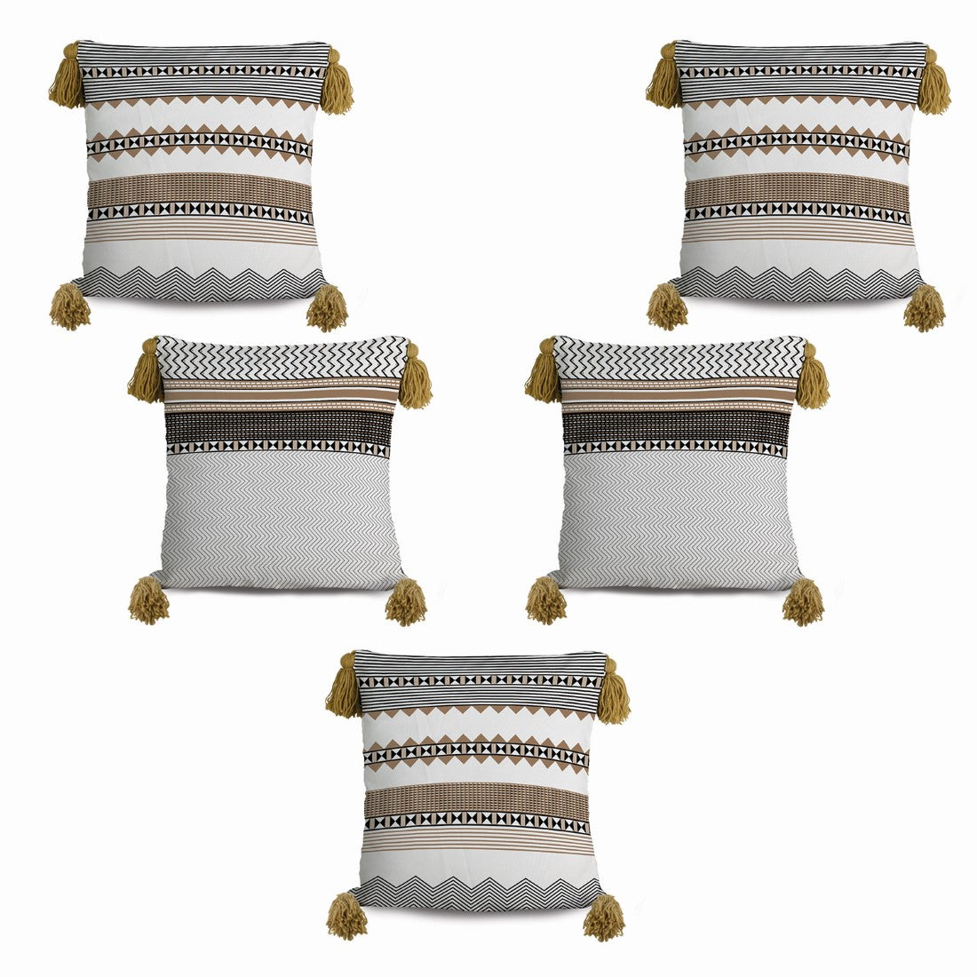 Beige Abstract Printed Decorative Cushion Cover Set of 5 with Pom-Pom