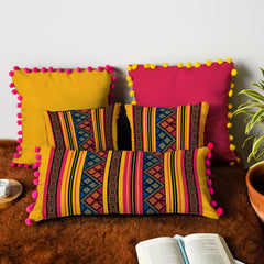 Pink &amp; Yellow Abstract Printed Decorative Cushion Cover Set with Pom-Pom