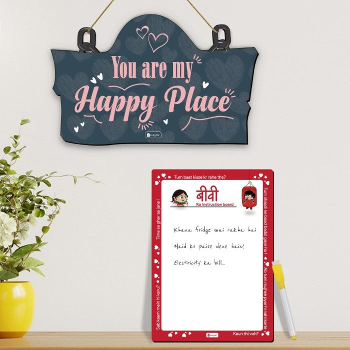 Our Happy Place Printed Wooden Door Wall Hanging For Valentines Gift