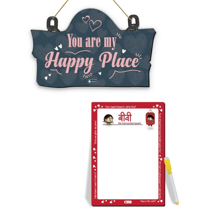 Our Happy Place Printed Wooden Door Wall Hanging For Valentines Gift