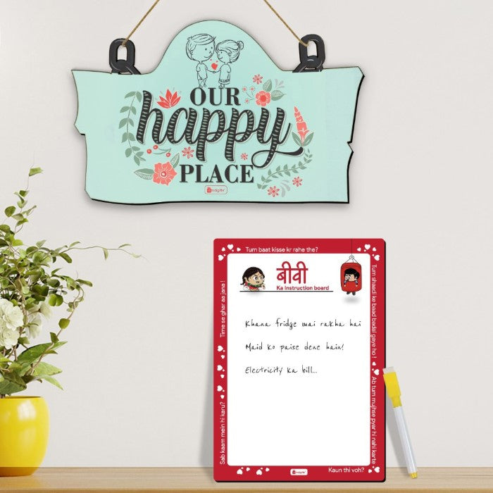 Our Happy Place Printed Wooden Door Wall Hanging For Valentines Gift