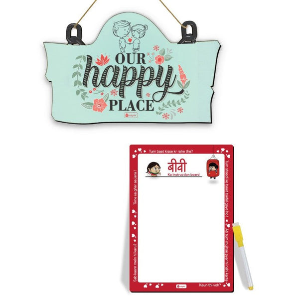 Our Happy Place Printed Wooden Door Wall Hanging For Valentines Gift