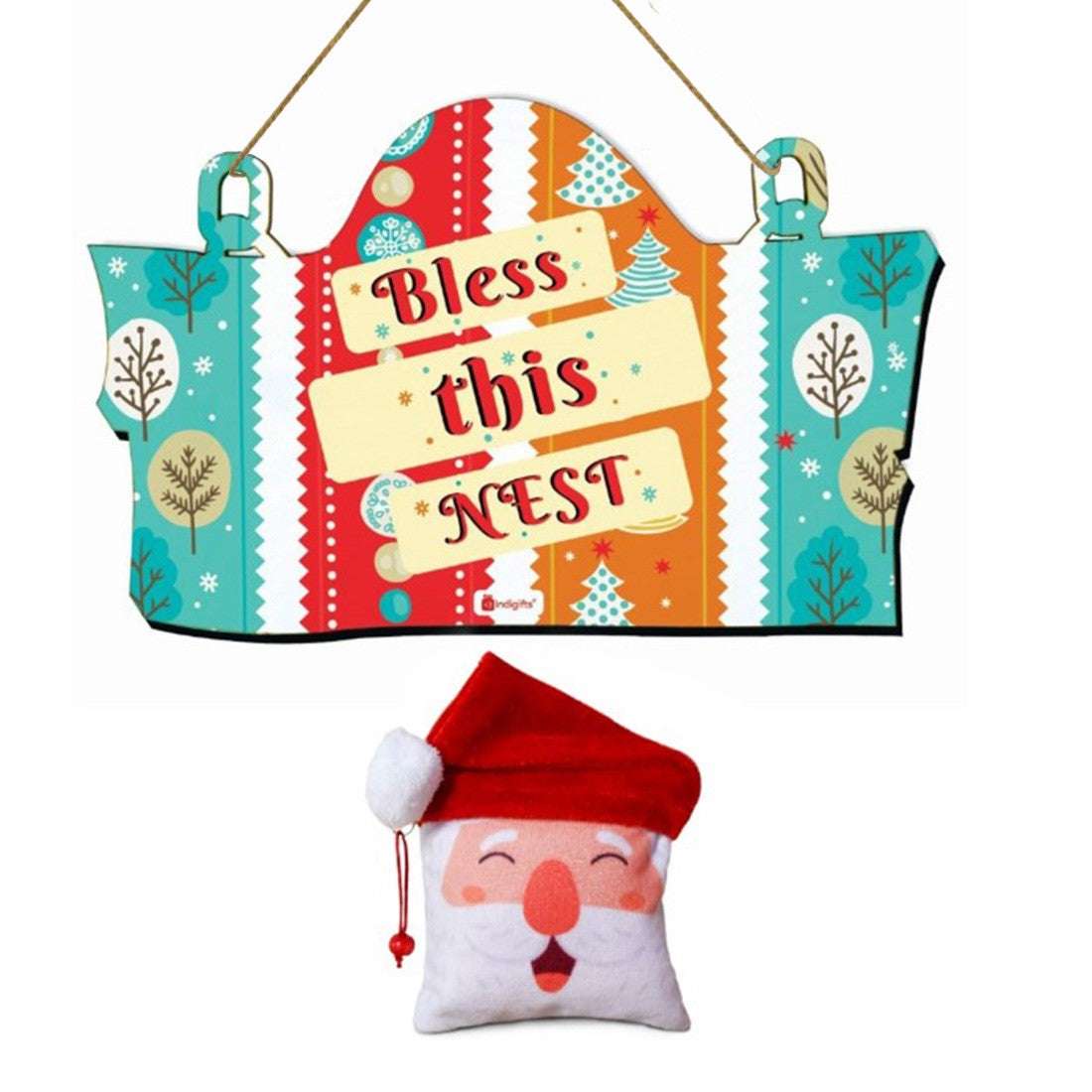 Christmas Wooden Bless This Nest Printed Hanging Wall Door Blue, 11.05x7 inch and Revesible Santa Soft Toy