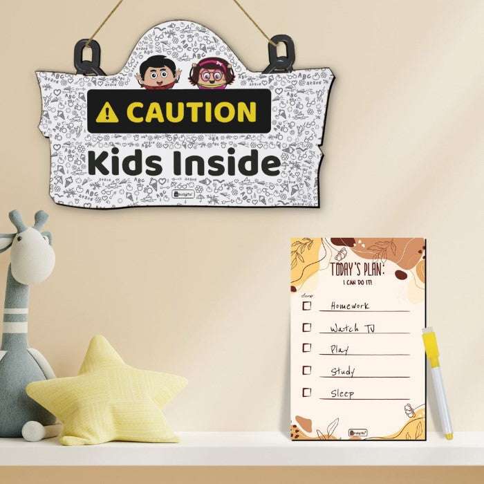 Caution Kids Inside Inside Printed Wooden Wall Hanging &amp; To Do List Planner Gift For Kids