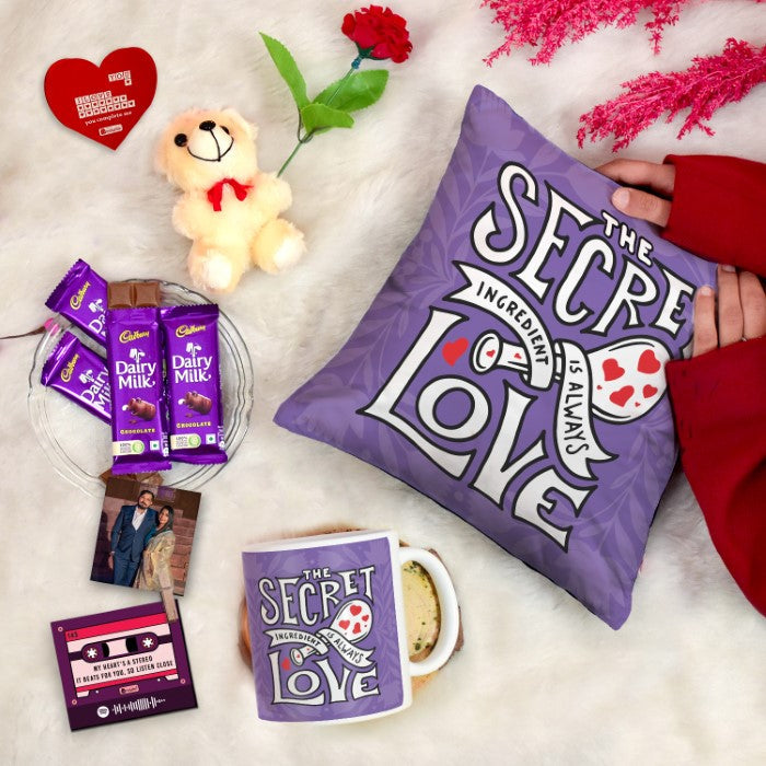 Purple Secret Love Gift Set: Cushion, Coffee Mug, Teddy with Card, Rose, Photo Clip, and Cadbury Dairy Milk Chocolate Pack of 4&quot;