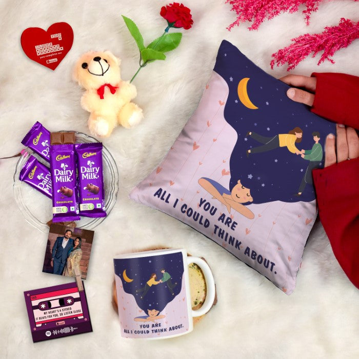 Love Quote Printed Gift Set: Cushion, Coffee Mug, Teddy with Card, Rose, Photo Clip, and Cadbury Dairy Milk Chocolate Pack of 4