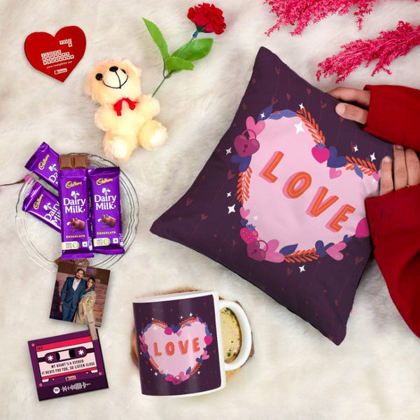 Floral Love Gift Set: Cushion, Coffee Mug, Teddy with Card, Rose, Photo Clip, and Cadbury Dairy Milk Chocolate Pack of 4