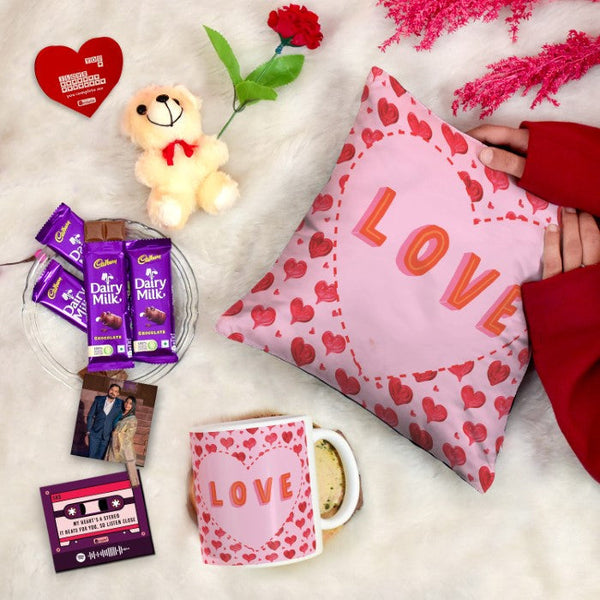 Floral Heart Gift Set: Cushion, Coffee Mug, Teddy with Card, Rose, Photo Clip, and Cadbury Dairy Milk Chocolate Pack of 4