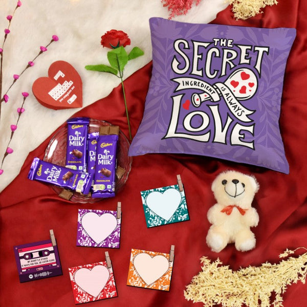 Secret Love Purple Cushion Cover with Filler, Set of 5 Photo Clips and Card, Artificial Rose with Teddy, Dairy Milk Chocolate Pack of 4 Valentine Gift Set