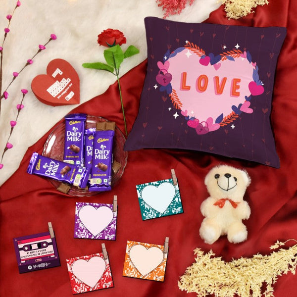 Floral Love Printed Cushion Cover with Filler, Set of 5 Photo Clips and Card, Artificial Rose with Teddy, Dairy Milk Chocolate Pack of 4 Valentine Gift Set