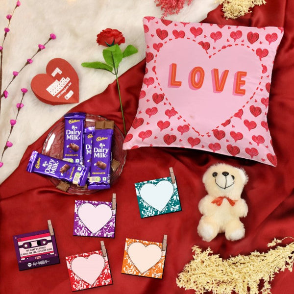 Floral Heart Printed Cushion Cover with Filler, Set of 5 Photo Clips and Card, Artificial Rose with Teddy, Dairy Milk Chocolate Pack of 4 Valentine Gift Set