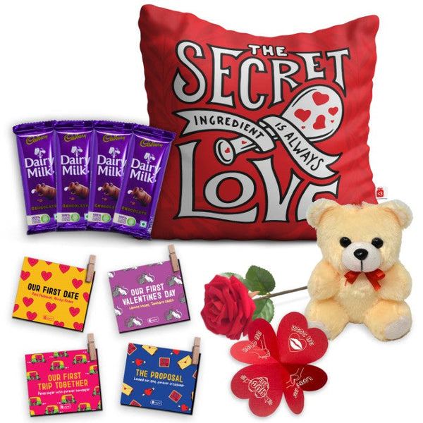 Secret Love Red Cotton Cushion Set with Love Quote Clips, Artificial Rose, Teddy, and Chocolate Pack - Valentine's Gift