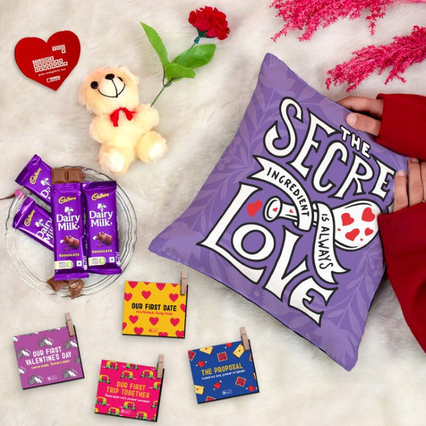 Secret Love Purple Cotton Cushion Set with Love Quote Clips, Artificial Rose, Teddy, and Chocolate Pack - Valentine's Gift