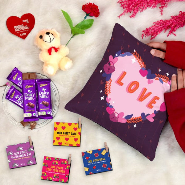 Floral Love Printed Cotton Cushion Set with Love Quote Clips, Artificial Rose, Teddy, and Chocolate Pack - Valentine's Gift