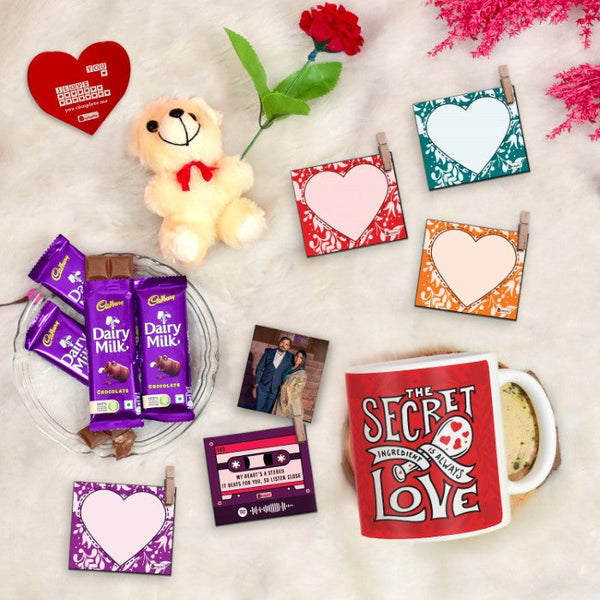 Secret Love Red Coffee Mug and Photo Clip Set with Greeting Card, Teddy, Artificial Rose, and Cadbury Dairy Milk Chocolates (Pack of 4)