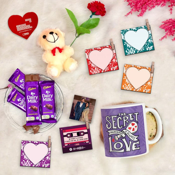 Secret Love Purple Coffee Mug and Photo Clip Set with Greeting Card, Teddy, Artificial Rose, and Cadbury Dairy Milk Chocolates (Pack of 4)
