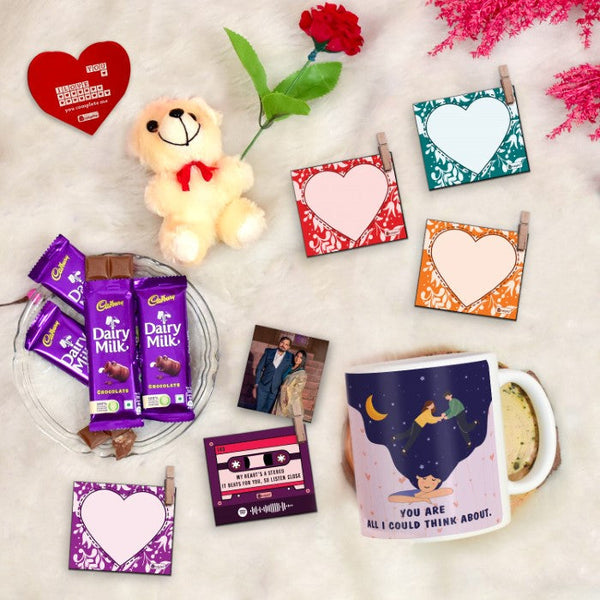 Love Quote Printed Coffee Mug and Photo Clip Set with Greeting Card, Teddy, Artificial Rose, and Cadbury Dairy Milk Chocolates (Pack of 4)