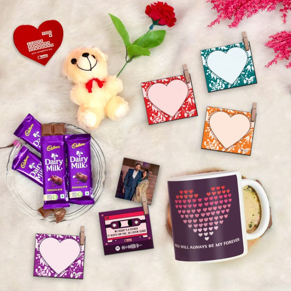 Always Forever Printed Coffee Mug and Photo Clip Set with Greeting Card, Teddy, Artificial Rose, and Cadbury Dairy Milk Chocolates (Pack of 4)
