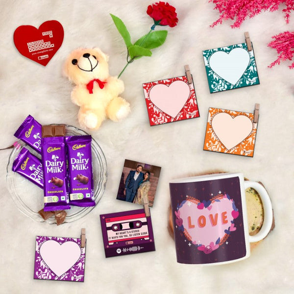 Floral Love Printed Coffee Mug and Photo Clip Set with Greeting Card, Teddy, Artificial Rose, and Cadbury Dairy Milk Chocolates (Pack of 4)