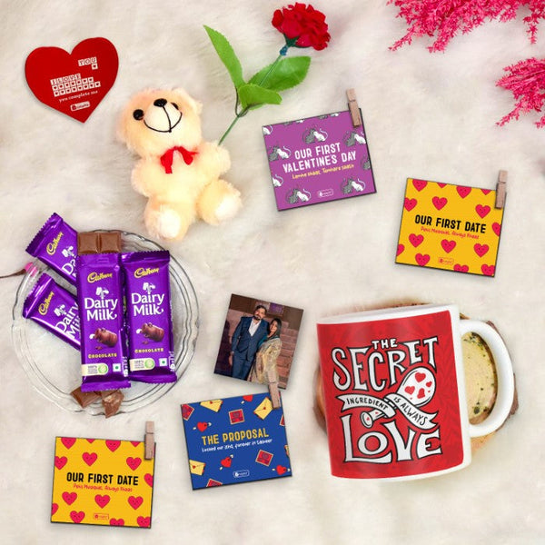 Secret Love Red Coffee Mug, Love-Quoted Photo Clips, Card, Teddy, Rose &amp; Cadbury Dairy Milk Chocolates Pack of 4 - Valentine's Gift