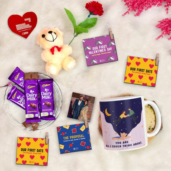 Love Quote Printed Coffee Mug, Love-Quoted Photo Clips, Card, Teddy, Rose &amp; Cadbury Dairy Milk Chocolates Pack of 4 - Valentine's Gift