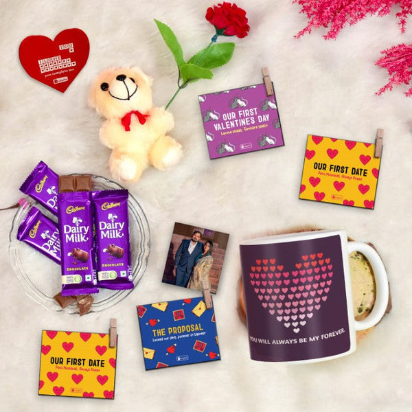 Always Be My Forever Printed Coffee Mug, Love-Quoted Photo Clips, Card, Teddy, Rose &amp; Cadbury Dairy Milk Chocolates Pack of 4 - Valentine's Gift