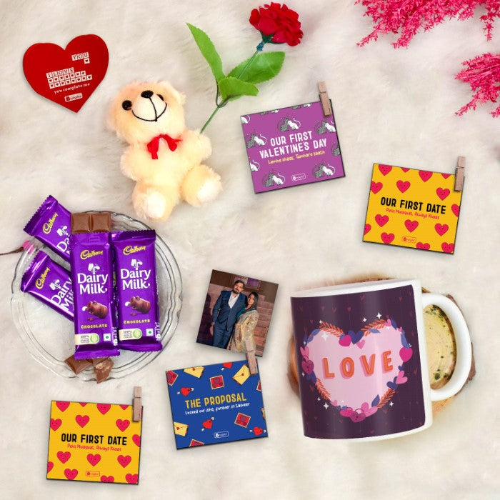 Floral Love Printed Coffee Mug, Love-Quoted Photo Clips, Card, Teddy, Rose &amp; Cadbury Dairy Milk Chocolates Pack of 4 - Valentine's Gift