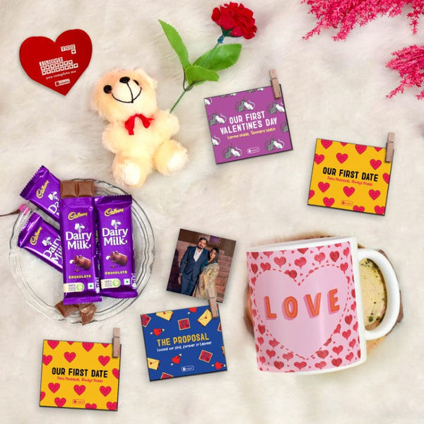 Floral Heart Printed Coffee Mug, Love-Quoted Photo Clips, Card, Teddy, Rose &amp; Cadbury Dairy Milk Chocolates Pack of 4 - Valentine's Gift