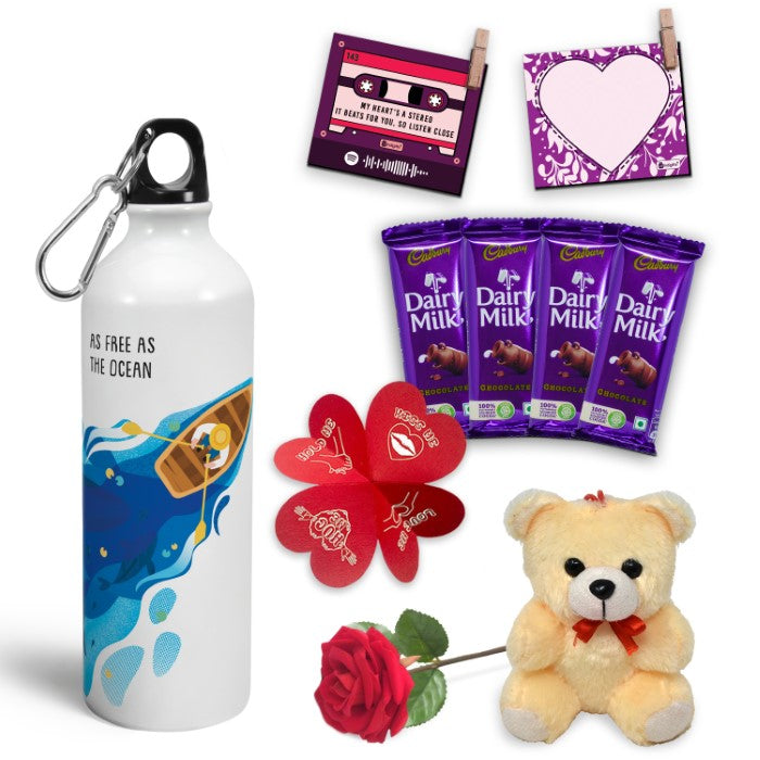 Valentine Gift Hamper with 'Be The Ocean' Printed Water Bottle (750ml), Set of 2 Clip Magnets, Red Rose, Greeting Card &amp; 4 Dairy Milk Chocolates