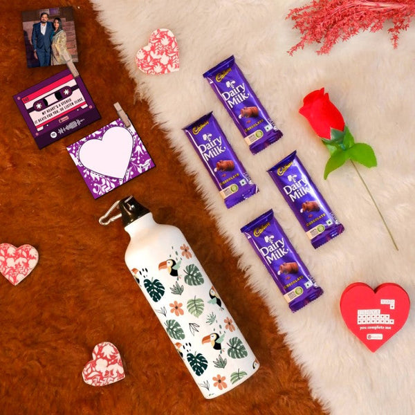 Valentine Gift Hamper with 'Tropical Leaves' Printed Water Bottle (750ml), Set of 2 Clip Magnets, Red Rose, Greeting Card &amp; 4 Dairy Milk Chocolates