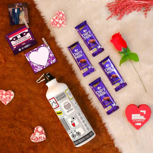 Valentine Gift Hamper with 'Cute Doodle Art' Printed Water Bottle (750ml), Set of 2 Clip Magnets, Red Rose, Greeting Card &amp; 4 Dairy Milk Chocolates