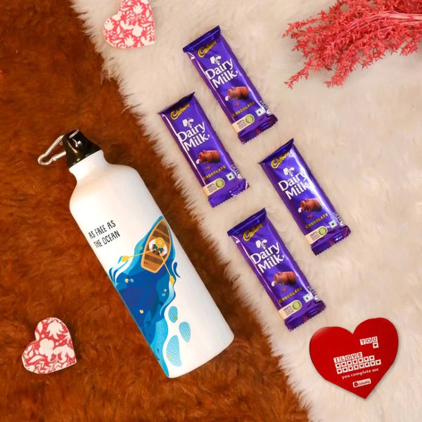 Be The Ocean Printed Sipper Water Bottle, Greeting Card, and 4 Dairy Milk Chocolates - Valentine Gift Hamper
