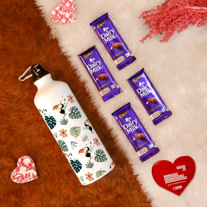 Tropical Leaves Printed Sipper Water Bottle, Greeting Card, and 4 Dairy Milk Chocolates - Valentine Gift Hamper