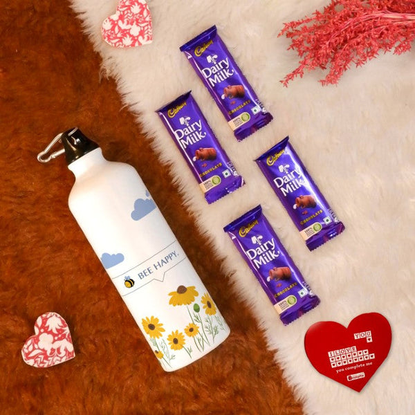 Be Happy Printed Sipper Water Bottle, Greeting Card, and 4 Dairy Milk Chocolates - Valentine Gift Hamper