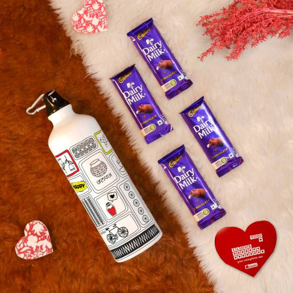 Travel Doodle Art Printed Sipper Water Bottle, Greeting Card, and 4 Dairy Milk Chocolates - Valentine Gift Hamper